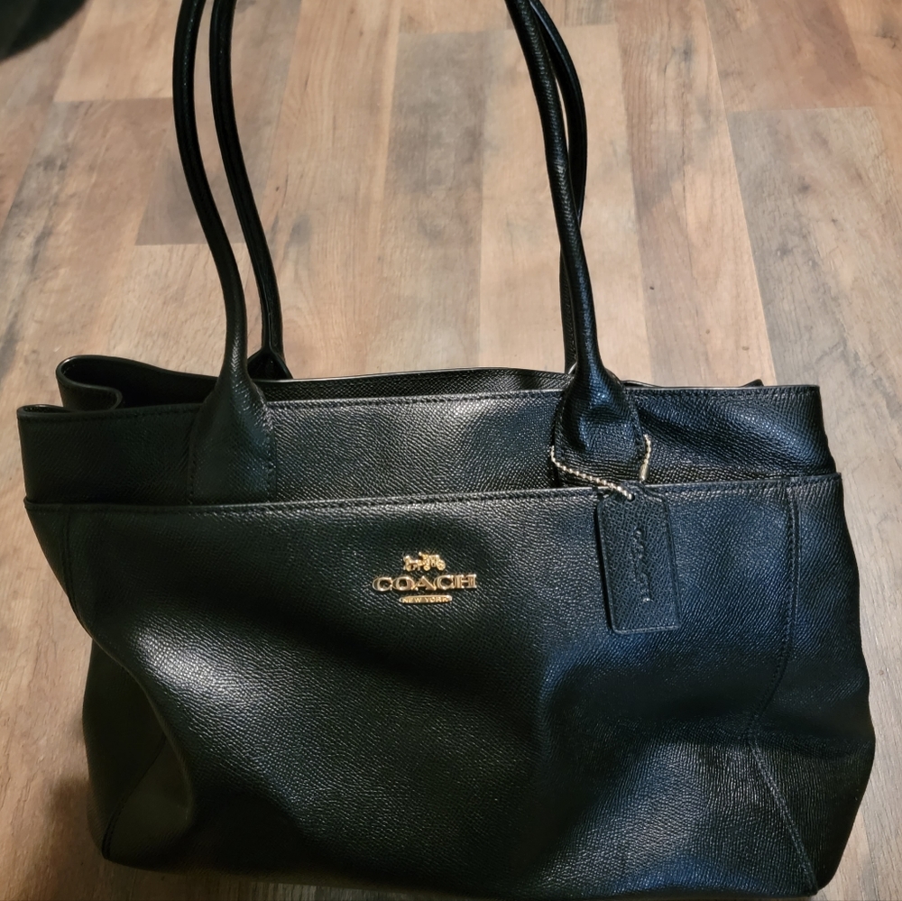 Black Classic Structured Pebble Leather Coach Shoulder Bag Tote